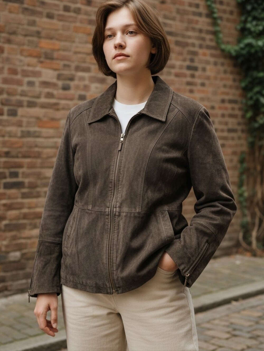 TERRY LEWIS Chocolate Brown Zip-Front Women's Suede Leather Jacket